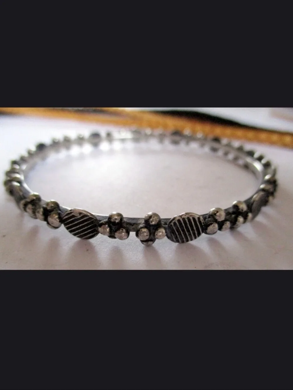 Tribal Silver Textured Beaded Bangle - Silver
